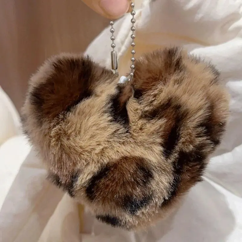 Fluffy Plush Love Keychains Winter Leopard Pattern Cute Bag Heart ...