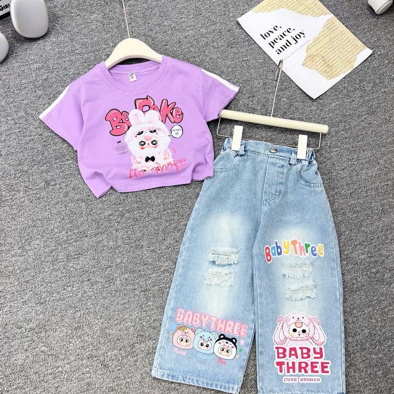 B028-Sét quần jean xuông ống rộng kiểu cá tính phối áo cotton siêu xinh cho bé gái đầm xoè bộ polo bé gái set đồ đi chơi  cho 14 tuổi đồ  tole la bubu quần  áo quần áo  cho bé gái set quần jean dài áo thun chobe gai hè mùa