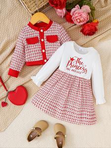 Two-Piece Set Baby Girl's Plaid Print Button Front Jacket & Patchwork Letter Print Flounce Sleeve Dress, Casual Long Sleeve Round Neck Outerwear & A-Line Dress for Fall & Winter, Infant Toddler Kids Clothes for Daily Wear