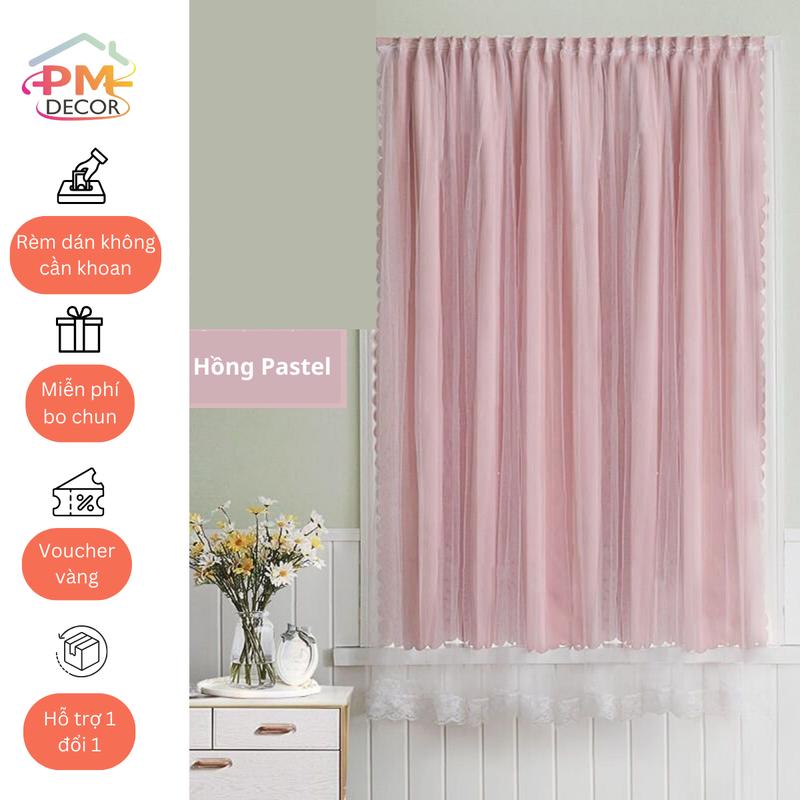  Rèm Cửa Sổ PM DECOR Rèm Cửa Dán Màu Hồng 2 Lớp Trang Trí Họa Tiết Trơn Không Cần Khoan Tường Tiện Dụng 