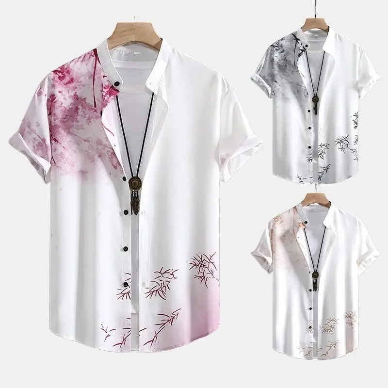 เสื้อโปโลฤดูร้อน, สำหรับผู้ชาย, สไตล์เรโทรฤดูร้อน, หลวมและลำลอง, ปลอกคอจีน, แขนสั้น, ปุ่มปิด, พิมพ์ลายดอกไม้, พลัสไซส์, เสื้อฮาวาย, ชุดโบโฮชายหาด, เสื้อเขตร้อน เสื้อ  แขน  สั้น  ทรงเอ เสื้อ  ฮาวาย  วินเทจ
