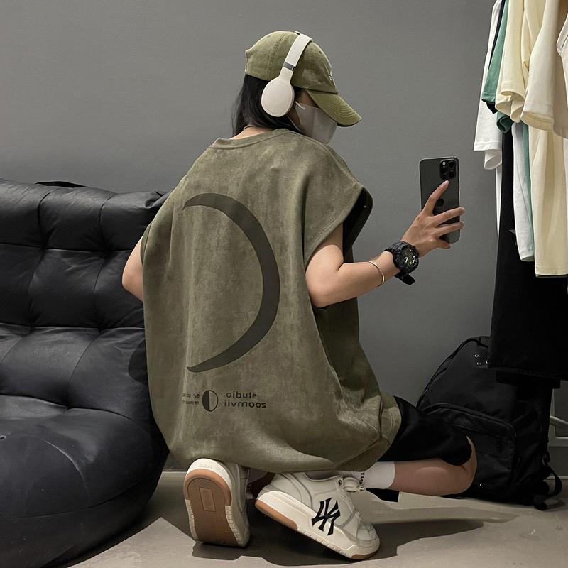 Áo Vest Mặt Trăng, Da Lộn Giả Màu Xanh Quân Đội, Dành Cho Nam Giới, Phong Cách Mỹ, Dáng Rộng Vừa Vặn, Không Tay, Thích Hợp Cho Mùa Hè, Áo Thun Không Tay Áo Ba Lỗ Áo Ba Lỗ Quần Áo Nam