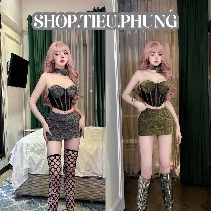 Set áo ống nhũ kim tuyến mix chân váy kèm choker hoa