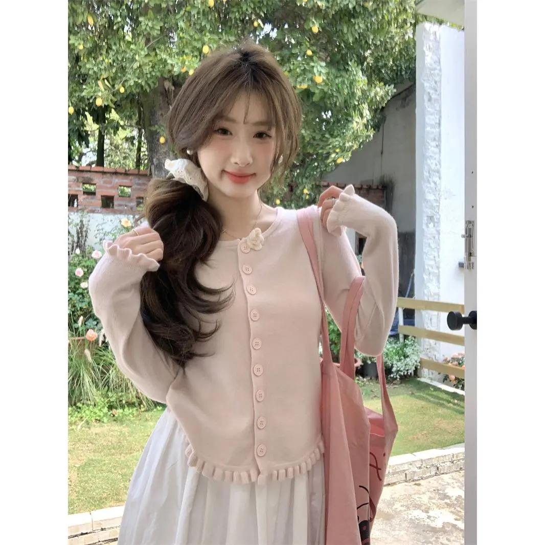 Áo Cardigan Dệt Kim, Thiết Kế Hoa Ba Chiều Nhẹ Nhàng, Viền Rằn Ri Sọc, Áo Mặc Trong Sang Trọng, Hàng Mới Về Năm 2024
