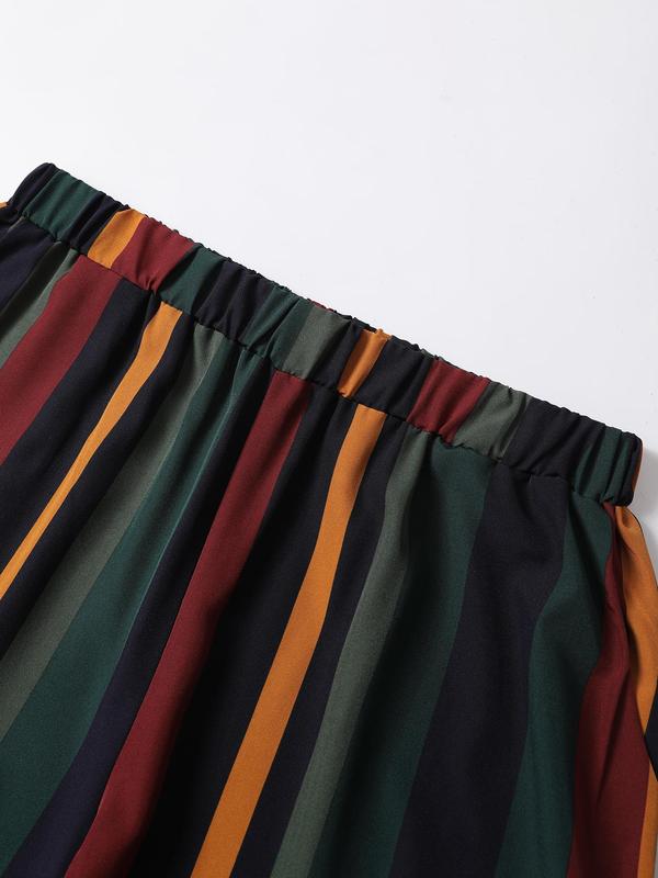【Plus Size】 Striped Print Button Top & Pants Set, Casual Long Sleeve Collared Top & Trousers, Women's Two-piece Outfits for All Seasons 4