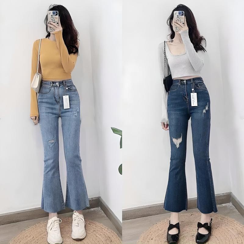 Quần Jean Ống Loe Rách Gối 9 Tấc Dài 88cm Lưng Cao Co Dãn Pants Denim Nữ Ong Women