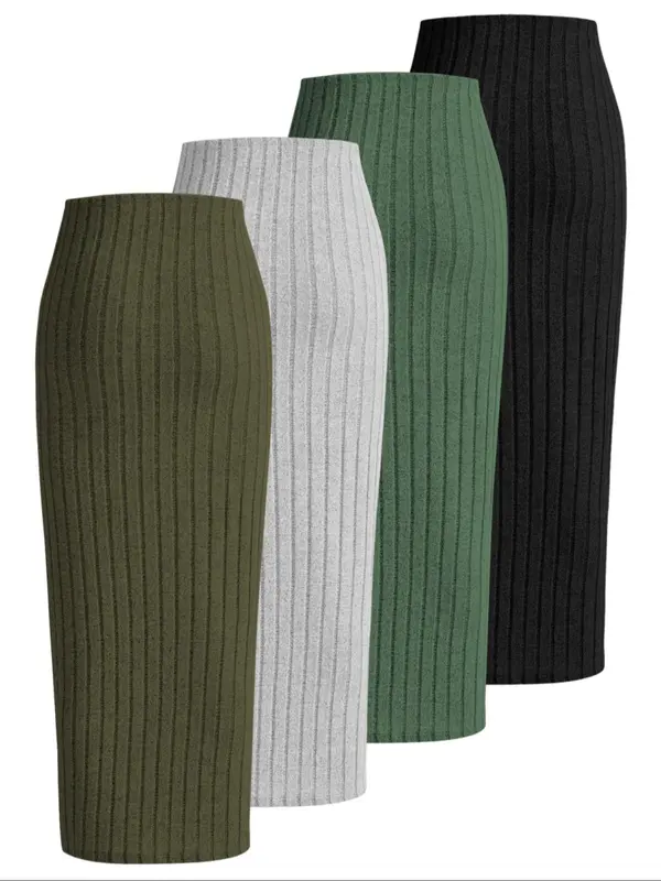 Women's Solid Ribbed Skinny Skirt, Elegant Fashion Casual Long Skirt for Daily Outdoor Wear, Women Knitwear for Fall & Winter 1