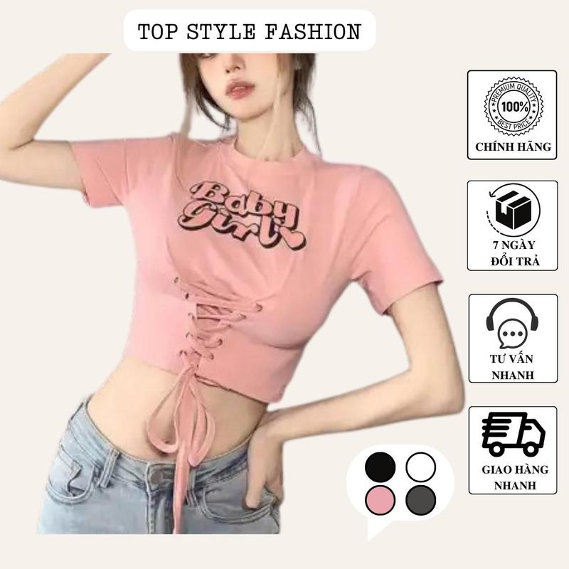 Áo croptop tay ngắn cổ tròn in chữ baby girl ôm body siêu tôn dáng, áo thun nữ rút dây gợi cảm-A151