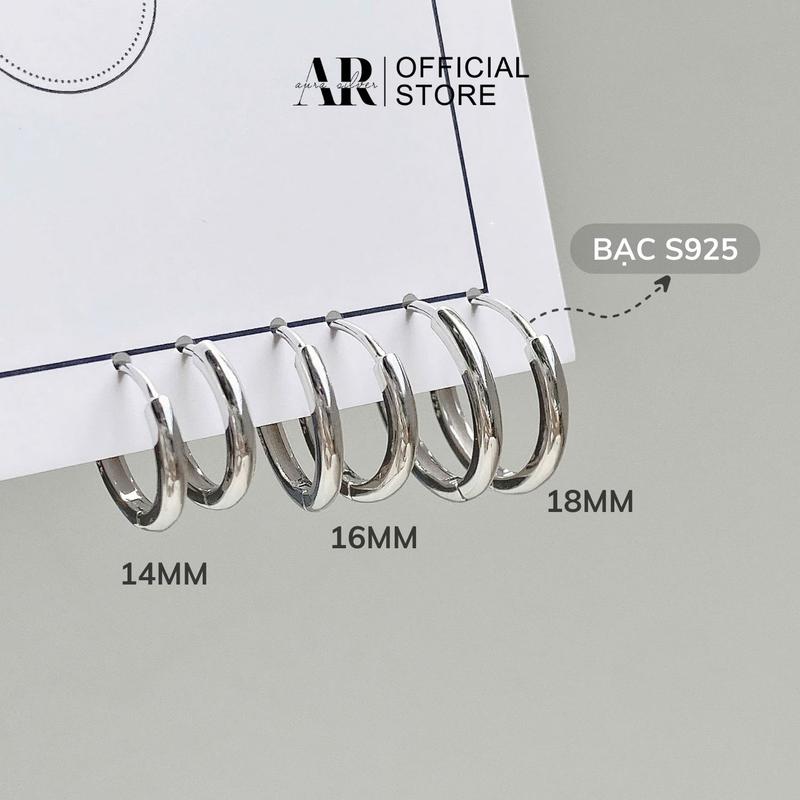 Khuyên tai tròn nam nữ bạc 925, bông tai tròn chốt bấm Hoop size 14-16-18mm-AURA SILVER-KT05