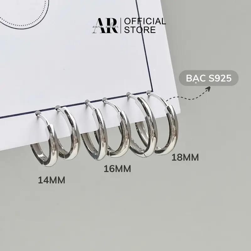 Khuyên tai tròn nam nữ bạc 925, bông tai tròn chốt bấm Hoop size 14-16-18mm-AURA SILVER-KT05 0