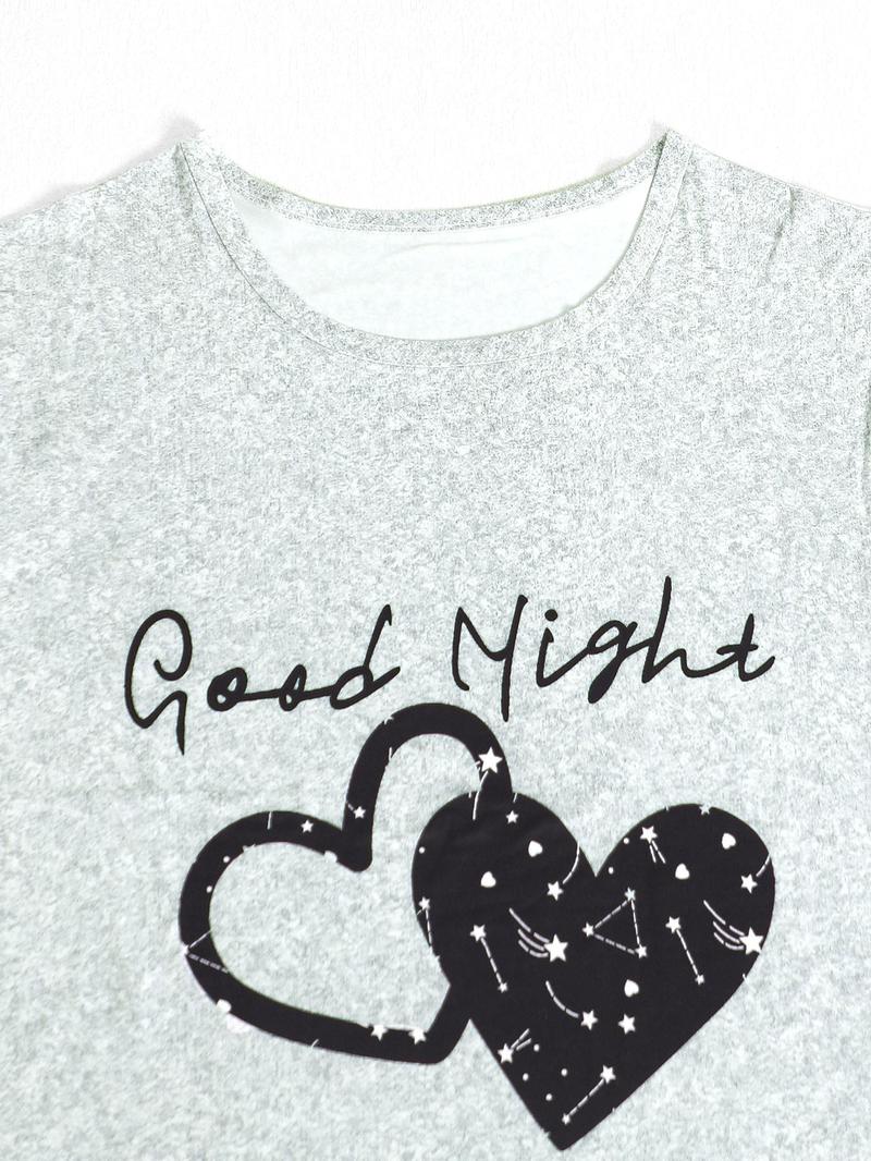 Product Introduction of 【Plus Size】Heart Print Tee & Pants Pyjama Two-piece Set, Casual Comfy Round Neck Short Sleeve T-shirt & Trousers PJ Set, Women's Sleepwear for Fall & Winter 5