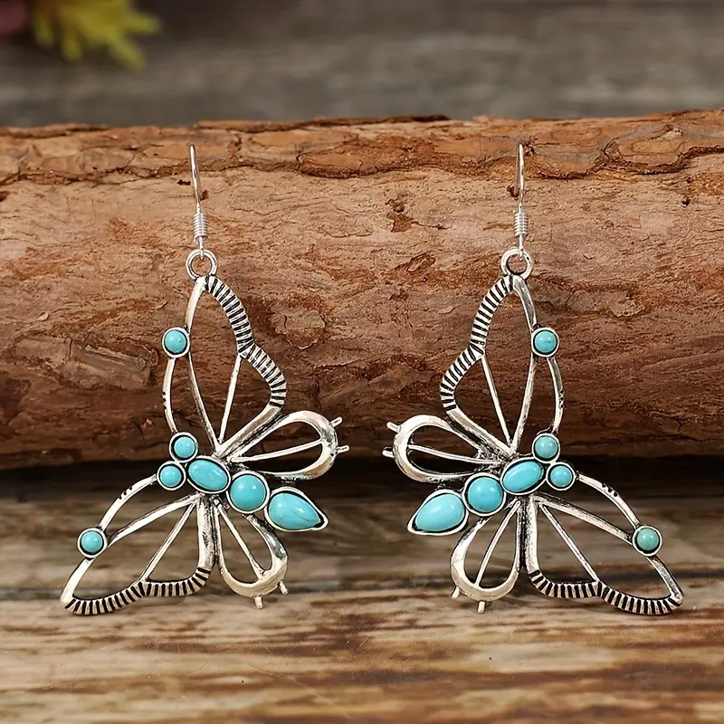 Exquisite Butterfly Design With Hollowed-out Details, Inlaid With Turquoise Pendant Earrings, Vintage Western-style Jewelry Plated With Golden Silvery, A Delicate Gift For Women 3