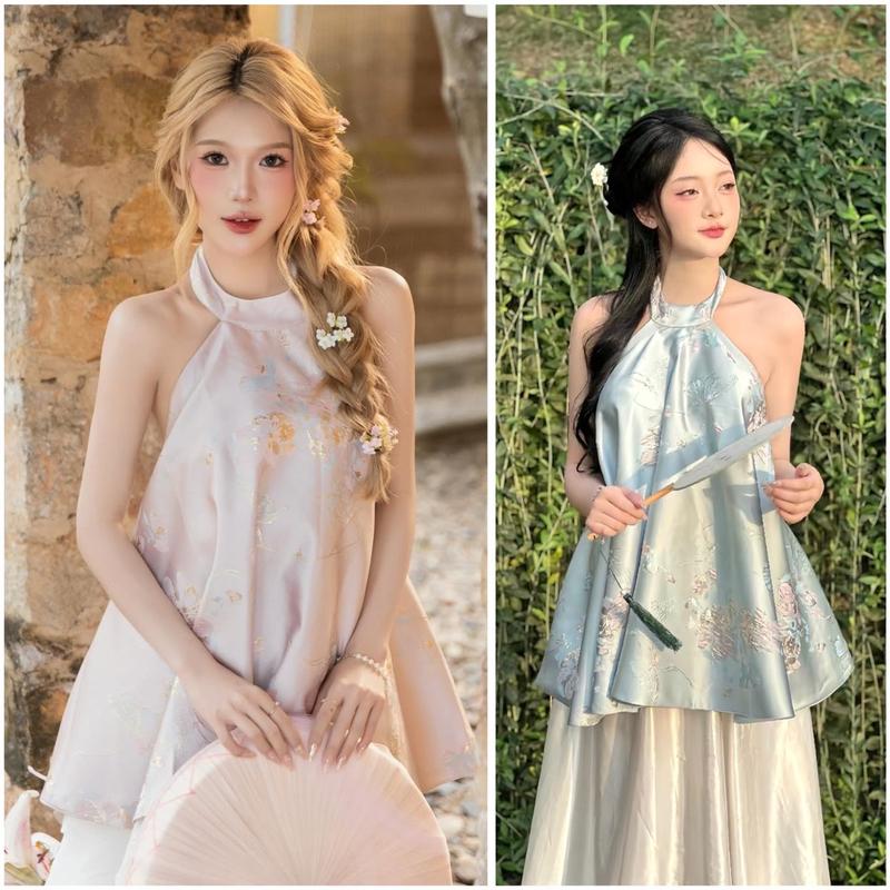 STORK MAXI 6 MÀU Yếm gấm hở lưng Mix chân váy lụa to xoè Nữ