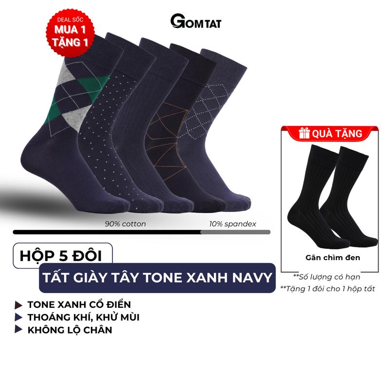 Hộp 5 đôi tất nam công sở đi giày tây GOMTAT màu xanh dương cổ cao, vớ nam công sở cổ cao họa tiết, chất liệu cotton co giãn thoáng mát, tất nam đi giày tây êm chân Menswear - GOM-MIX16-CB5