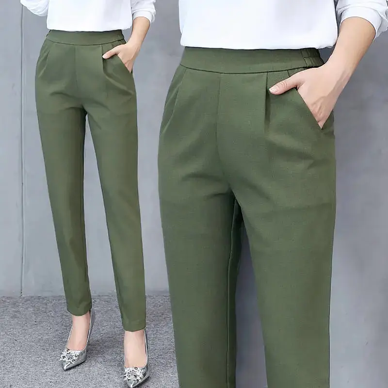 Bqudyzy-Quần Nữ Cạp Cao, Linh Hoạt, Thanh Lịch, Đi Làm, Mỏng, Mặc Hàng Ngày, Polyester, Màu Trơn, Bộ Đồ Du Lịch 5