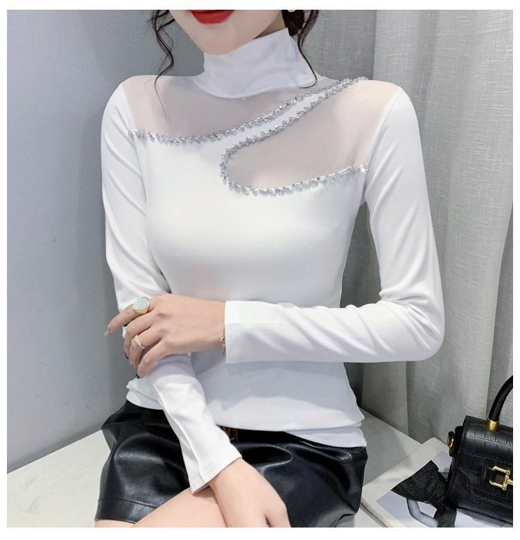 Product Introduction of Áo Mỏng Cho Nữ, Cổ Lọ European Station, Khâu Lưới, Thiết Kế khoét Dài Tay, Dáng Ôm, Hàng Mới Về Năm 2024, Thích Hợp Cho Mùa Thu Và Mùa Đông, Có Dát Kim Cương Top Women Sơ Mi Shirt 13