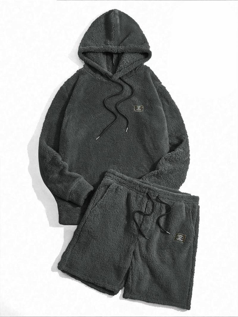 Product Introduction of Two-piece Set Men's Letter Patched Drop Shoulder Hoodie & Drawstring Waist Shorts Set, Men's Sweatsuit Set, Casual Fashion Cozy Regular Fit Outfits for Daily Outdoor Wear, Menswear, Men's Clothes Suits for Fall & Winter, Men's 2 Piece Set, Two Piece Men 5