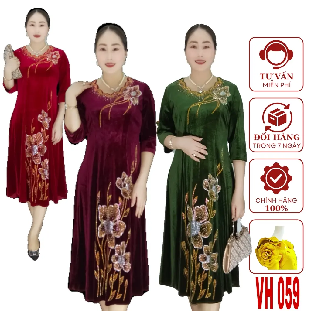 ĐẦM NHUNG TRUNG NIÊN ĐÍNH ĐÁ KIM SA  #VH059 ,SANG CHẢNH QUÝ PHÁI TẶNG BÀ, TẶNG ME YÊU Nữ Women Dress Kim Tuyến Xanh Rêu