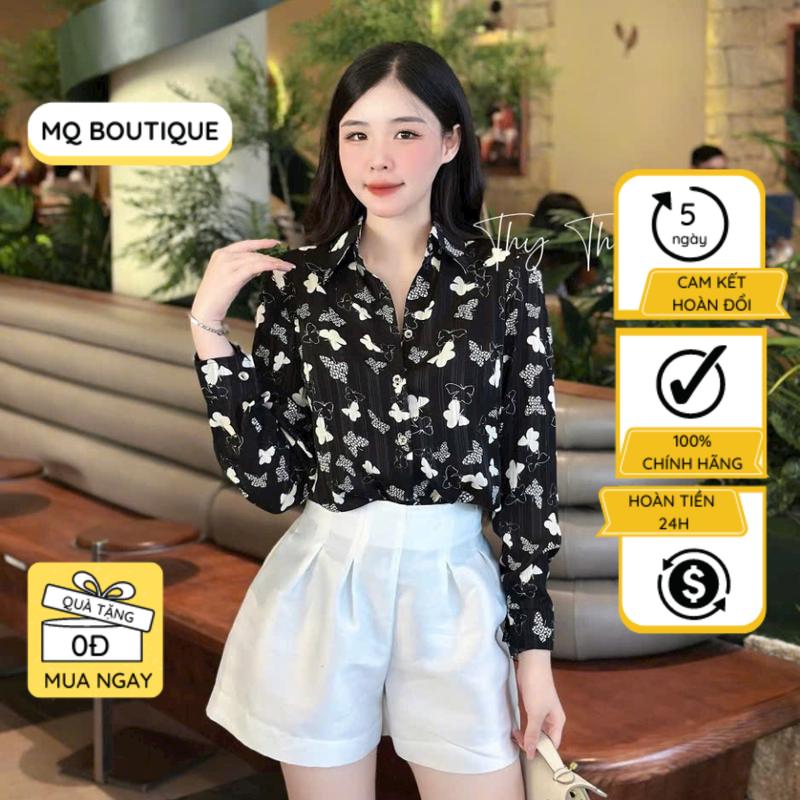 Sơ mi tay dài MQ Boutique tơ lụa dệt nhũ sọc áo sơ mi tơ họa tiết con 4 cánh nền đen mềm họa thiết kế công sở