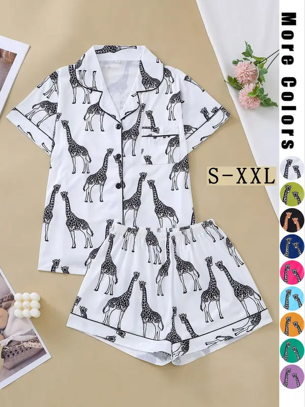 Women's Cartoon Giraffe Print Pyjama Set, Button Front Lapel Shirt Tops & Shorts Loungewear Set, Pjs Pajama Set for Women, Shortsleeve Homewear, Lounge Sets, Hide Tummy Wear Uk, Womenswear, Womens Clothes, Premium Fabric 1