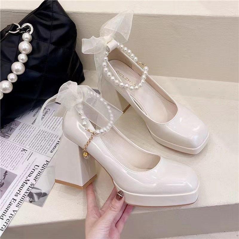 Product Introduction of Giày Da Nhỏ Cho Nữ, Phong Cách Mới, Giày Cưới Kiểu Pháp Màu Trắng Cổ Điển Gót Chunky Đế Dày, Mary Jane， Shoes 27