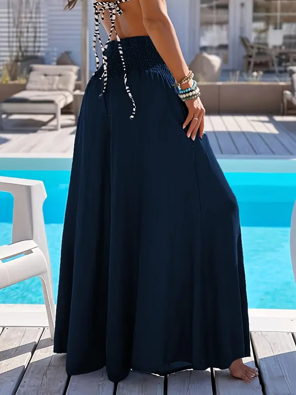 Women's Plain Shirred Wide Leg Pants, Loose Fit Boho Casual High Waist Trousers for Beach Vacation Holiday, Fashion Ladies Summer Clothes, Womenswear, Baggy Legged Pants 6