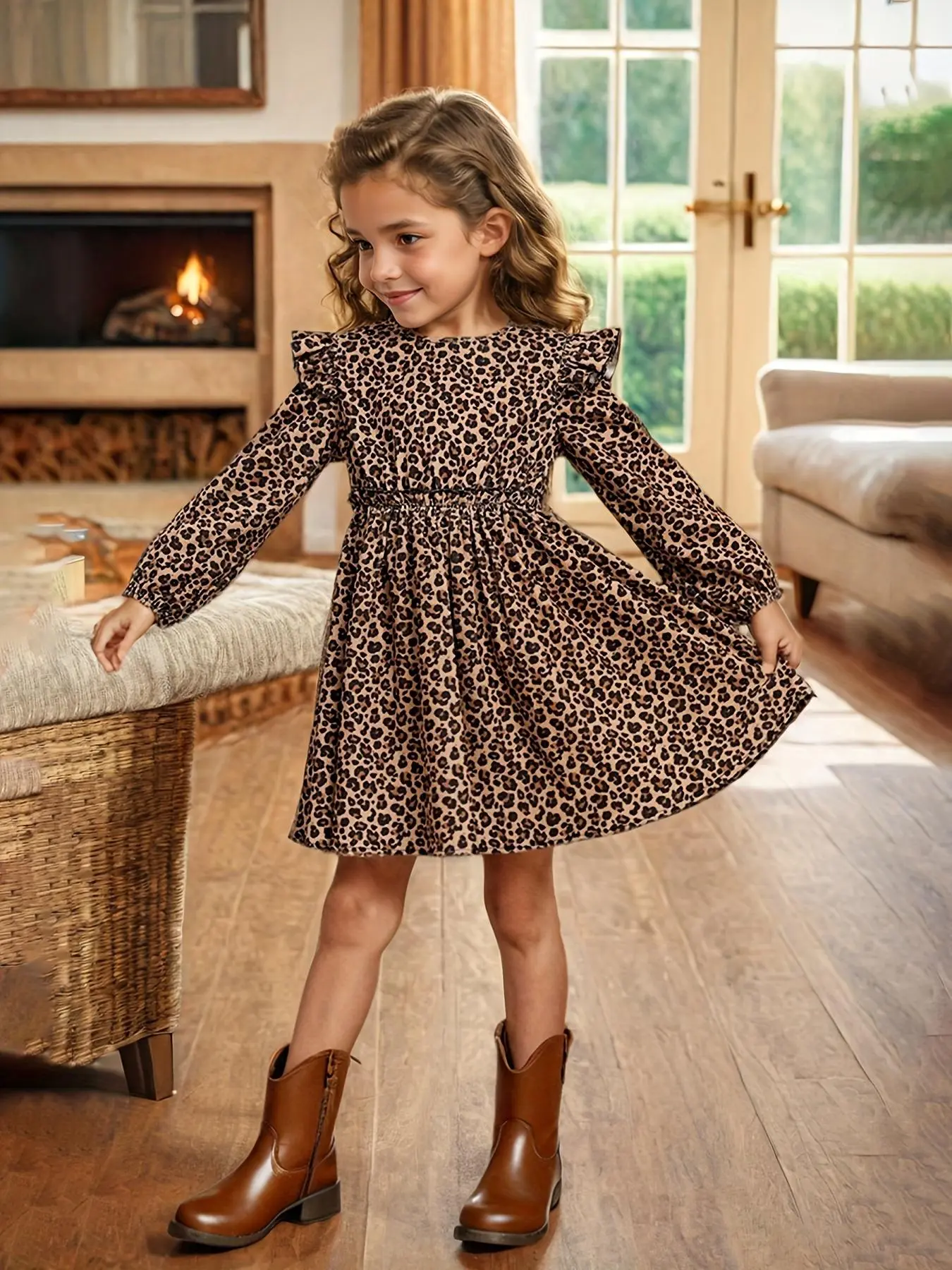 Girl's Leopard Print Ruffle Trim Dress, Casual Long Sleeve Dress for Summer, Kids Clothes for Daily Wear