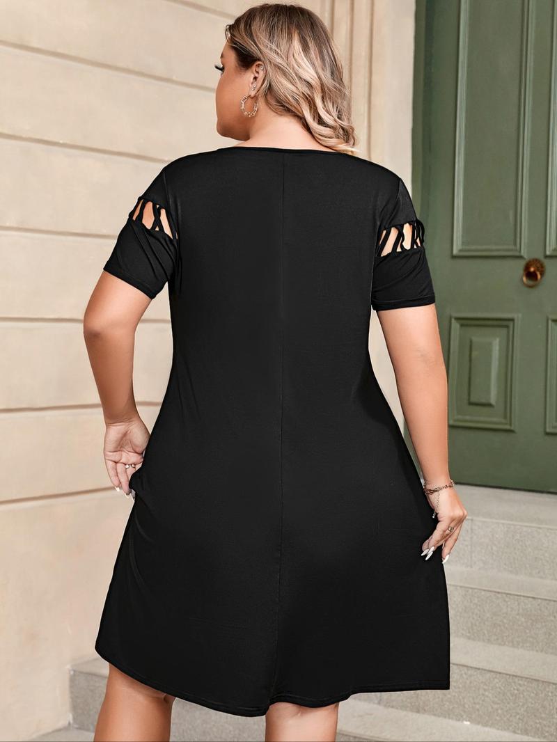 Product Introduction of Plus Plain Criss Cross Hollow Out Round Neck Tee Dress, Summer Clothes Women, Dresses Summer, Elegant Fashion Short Sleeve Dress for Daily Outdoor Wear, Women Plus Clothing for Summer 2