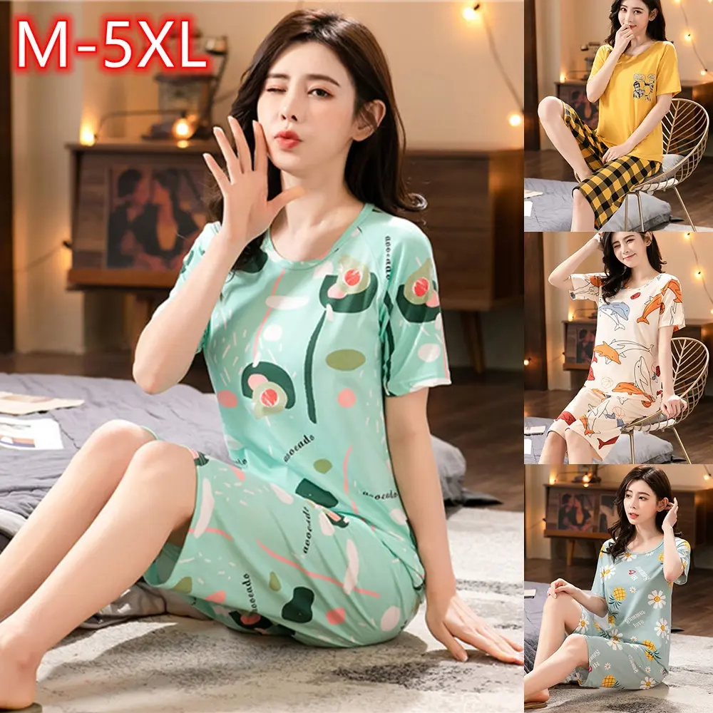 Quần Áo Mặc Nhà In Hình Hoạt Hình, Thời Trang, Quần Cropped Ngắn Tay Ngoại Cỡ M-5XL Cho Nữ, Áo Áo Chui Đầu Cổ Tròn, Quần Cropped Eo Dáng Rộng Đồ Ngủ In Hình 2 Chiếc