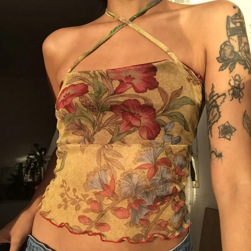 Ladies Summer Sexy Midriff-baring Camisole, Floral Printing Stringy Selvedge Hem Hanging Neck Sleeveless Mesh Tops,High-quality,Fashion,Elastic,Daily Wear,Breathable,Simple Style