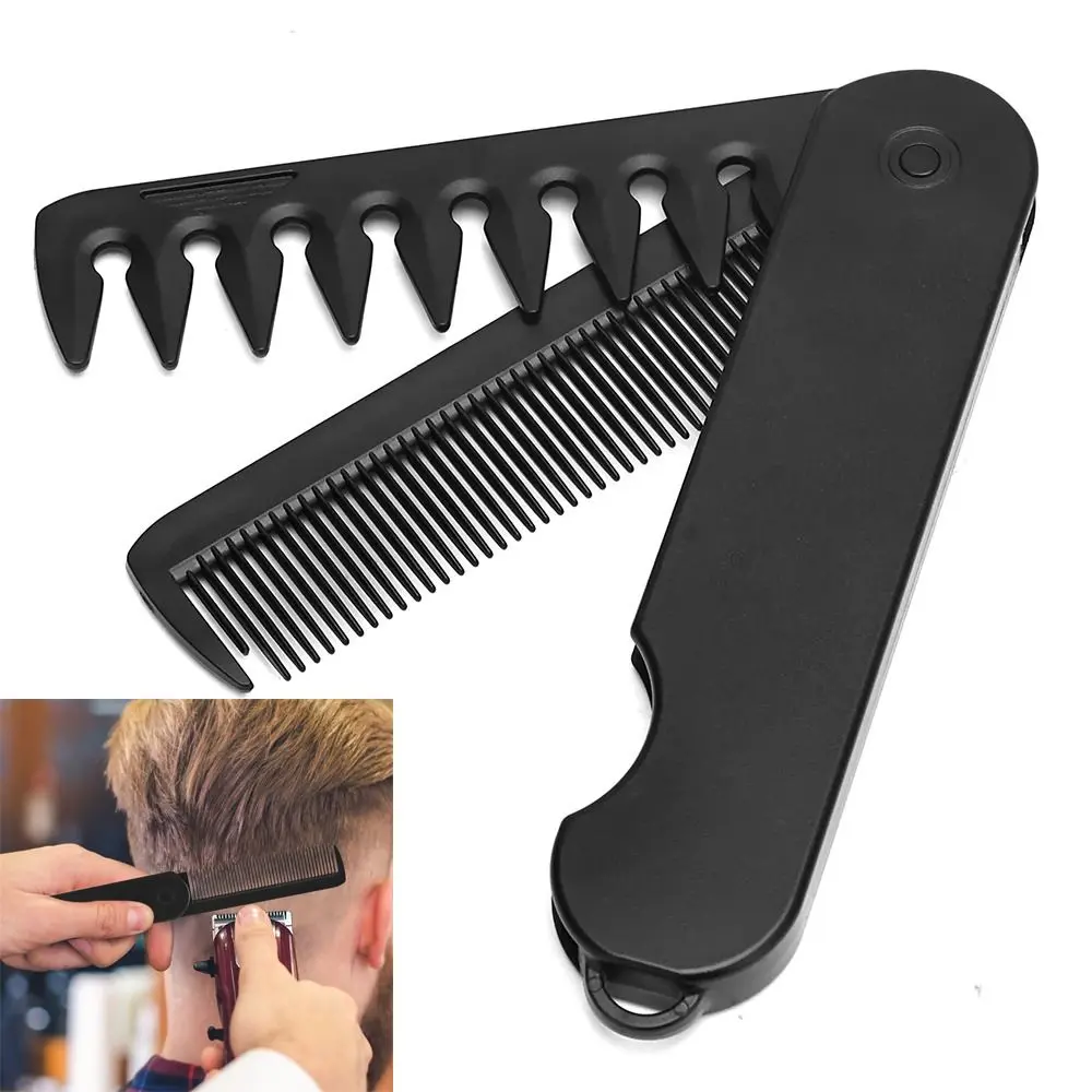 Protable 2 in 1 Folding Pocket Comb Black Foldable Pocket Beard Comb Lightweight Fine Wide Tooth Combs For Men