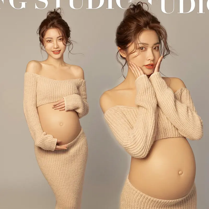 Quần áo chụp ảnh bà mang thai, Studio chụp ảnh mới, Bộ đồ dệt kim, Phong cách sexy, Thích hợp để chụp ảnh tại nhà, Ảnh nghệ thuật chụp ảnh tại nhà, Potbelly