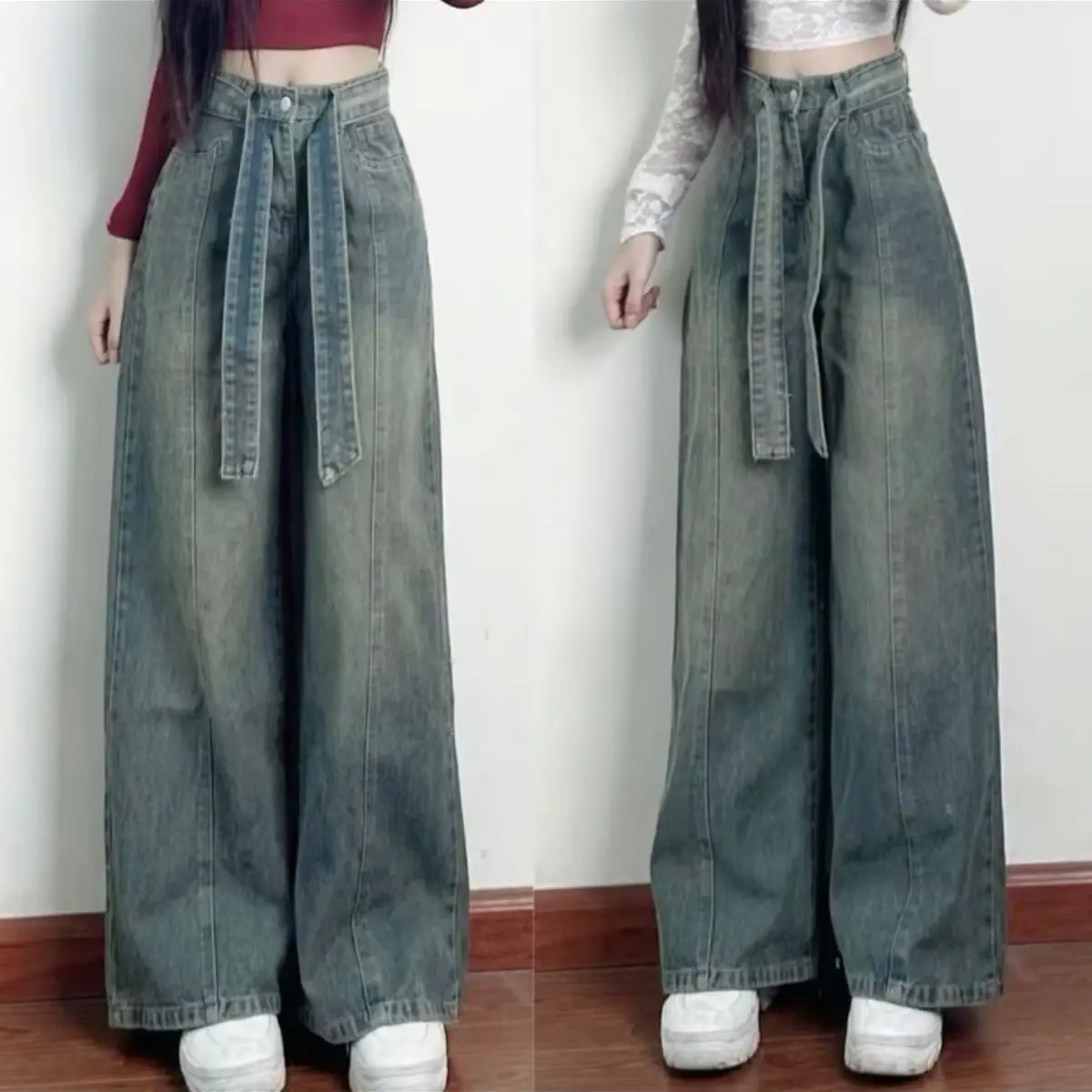 Quần Jeans nữ dáng dài ống rộng ly giữa kèm đai Wonmen, phong cách UNISEX hottrend 2025