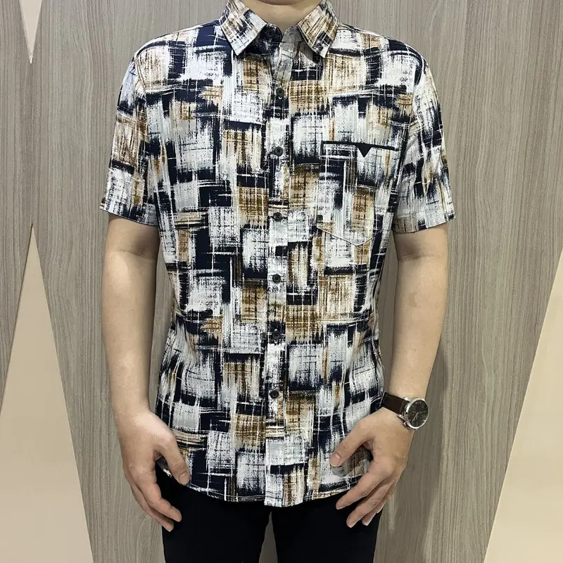 [GRIDLINE - S321 Light Brown & Pigeon Blue - S271 Navy] Kemeja Pria Slimfit Katun Lengan Pendek Print Bagus Berkualitas Premium Modern 3
