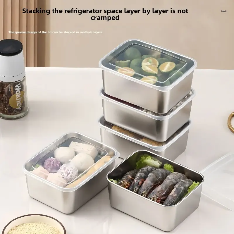 stainless steel picnic box, food grade sealed square preservation box with lid, household packaging box, refrigerator storage box