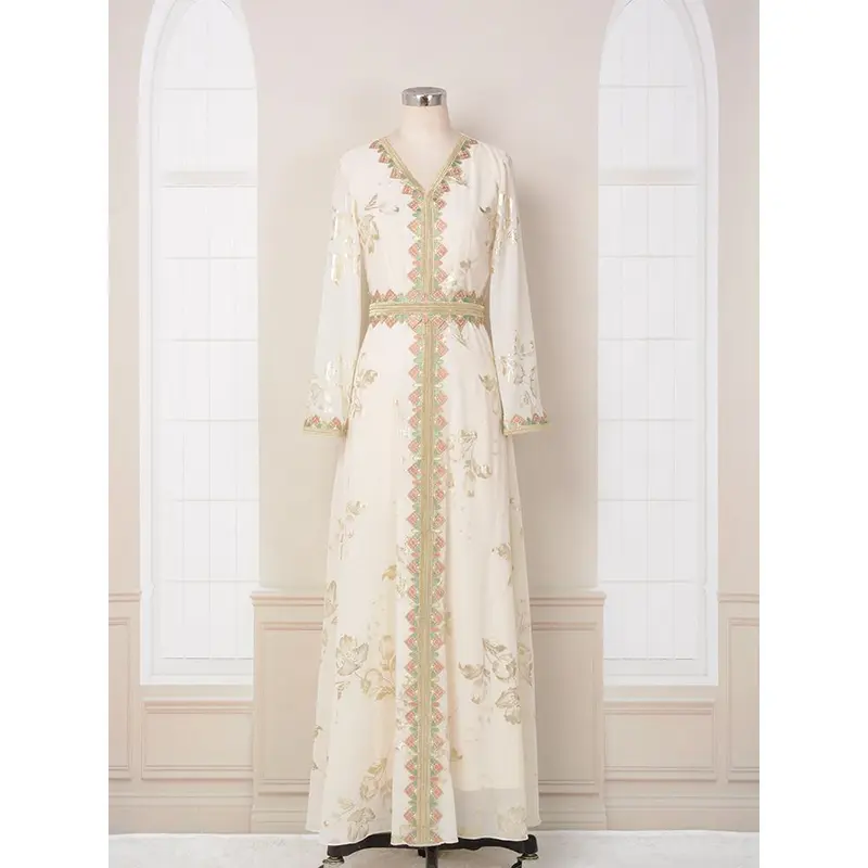 Muslim Robe Women's New Bronzing Embroidery Lace Modern White Dress 5