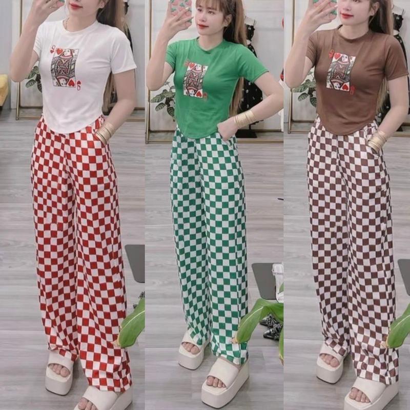 Set Đồ Mặc Tết Quần Ống Suông ESHOP Đồ Bộ Nữ Xinh Diện Tết Set Đồ Nữ Đẹp Quần Dài Rộng Đẹp Dễ Thương BD668 Áo Top Women