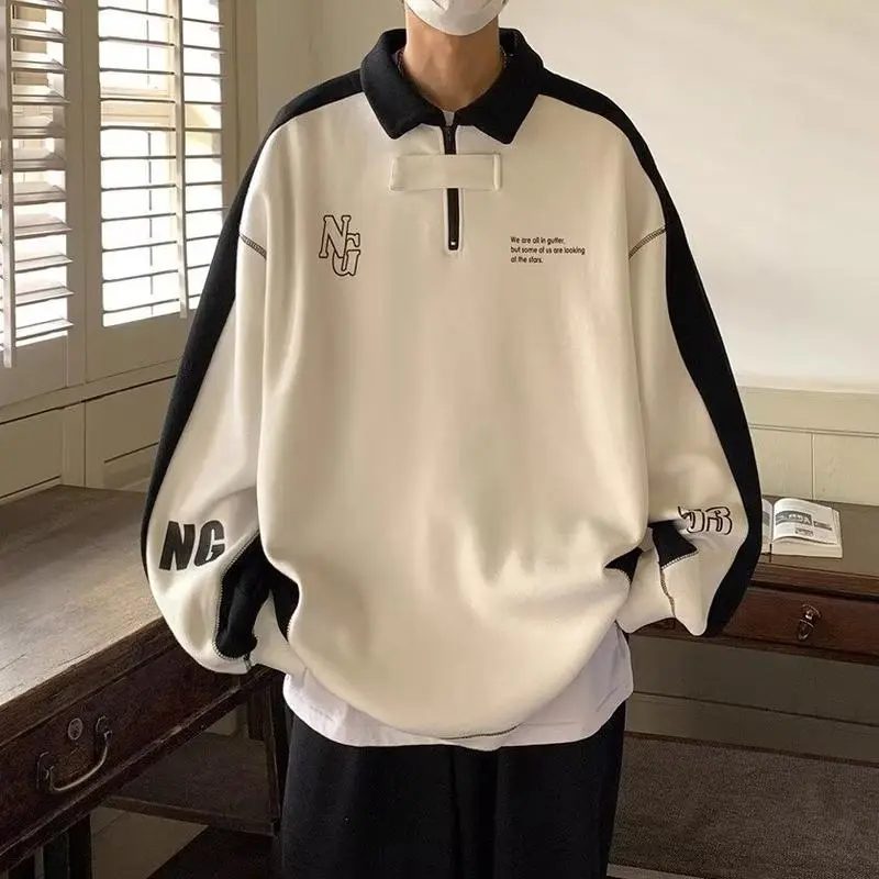 Áo Len Cổ Polo Nửa Khóa Kéo, Phong Cách Preppy Cổ Điển Kiểu Mỹ Thương Hiệu Thời Trang HipHop Cao Cấp, Màu Tương Phản Đen Trắng, Dành Cho Nam, Áo