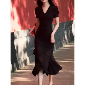 7892 black cocktail dress formal elegant korean fitted long dress for woman plus size sunday dress blue dress hitam wanita fashion panjang