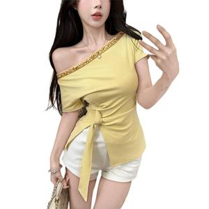 Design Sense Irregular Lace-up Sequin Off-shoulder Short Sleeve Top Summer New Niche Waist-cinching Slimming Hot Girl T-shirt Womenswear Blouse