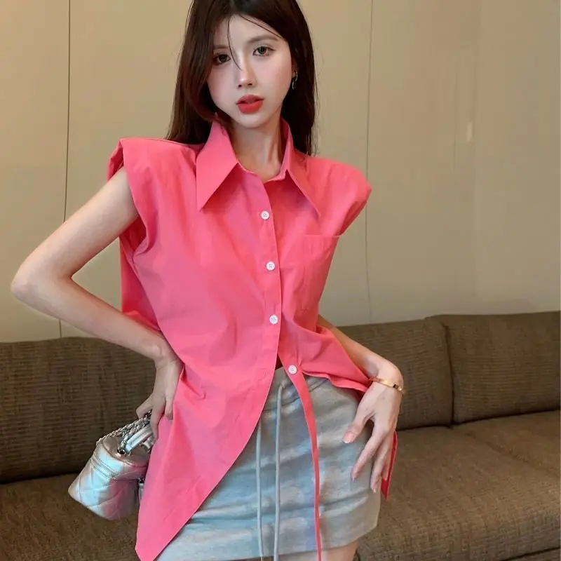 Áo Sơ Mi Không Tay Cổ Bẻ, Thời Trang Và Phong Cách, Màu Hồng, Áo Ghi Lê Buộc Dây Lưng, Phong Cách Cô Gái Nóng Bỏng, Hàng Mới Về Mùa Hè 2024  Women Top