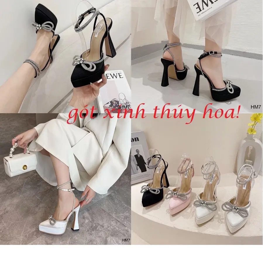 Sandal 12 phân nơ trắng da đen Hồng lụa Nữ DéP GiàY Shoes