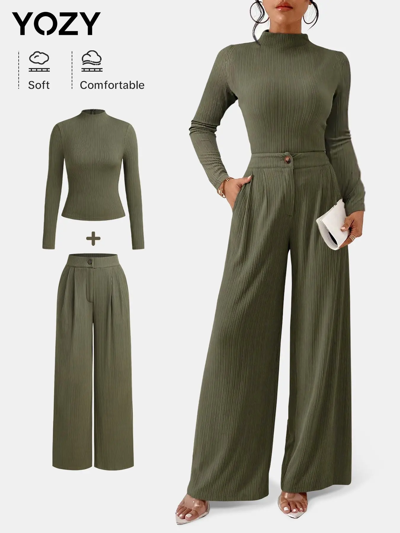 YOZY Women's Solid Textured Tee & Plicated Pocket Pants Set, Casual Long Sleeve Top & Button Front Zip Uptrousers for Daily Wear, Ladies Clothes for All Seasons