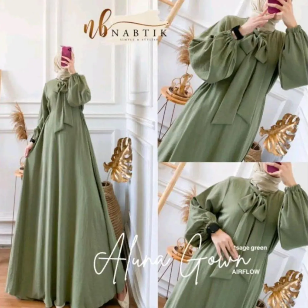 R-dafa Gamis Aluna Bahan Crinkle wanita tidak kusut-Baju Aluna Gown Terbaru Model Kekinian- Mewah Modern Polos Hitam Cokelat Putih airflow  muslim  dress Simple Ibu Pita Atasan Panjang Lebaran Dewasa Casual