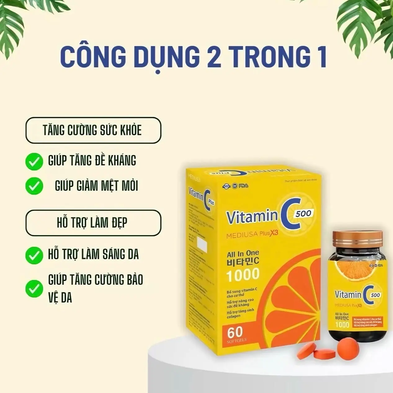 ( MUA 1 TẶNG 1 NHẬN ĐƯỢC 2) Viên uống Vitamin C 500 Mediusa Plus X3 2in1 ( hộp 60 viên) - Hỗ trợ tăng đề kháng, làm đẹp da