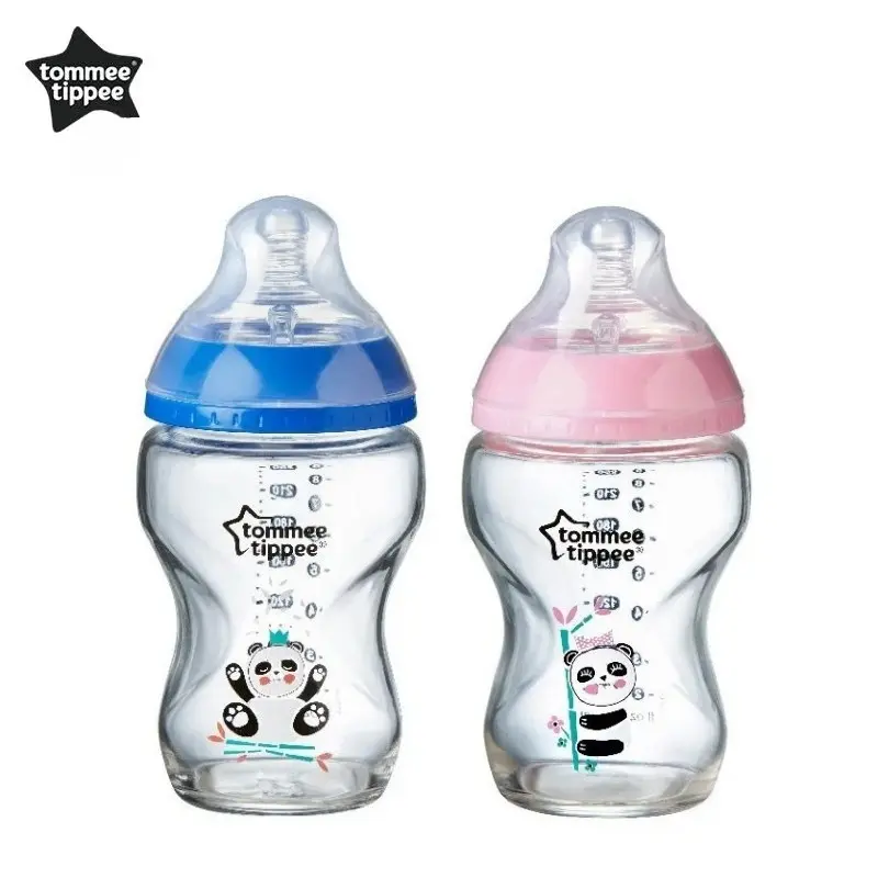 Bình ti cho bé bằng thủy tinh, Tommee Tippee, có núm vú, dòng chảy chậm, màu xanh lam và đỏ, có phụ kiện, thích hợp cho sữa mẹ của bé 0