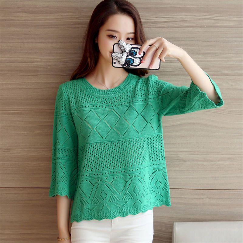 Áo Thun Áo Ngắn Áo Len Mỏng Cho Nữ, Tay Áo Ba Phần Tư, Áo Cánh Lụa Lạnh khoét Bộ Sưu Tập Xuân Hè Mới 2024, Dễ Phối Đồ Quần Áo Nữ Hợp Xu hướng 6