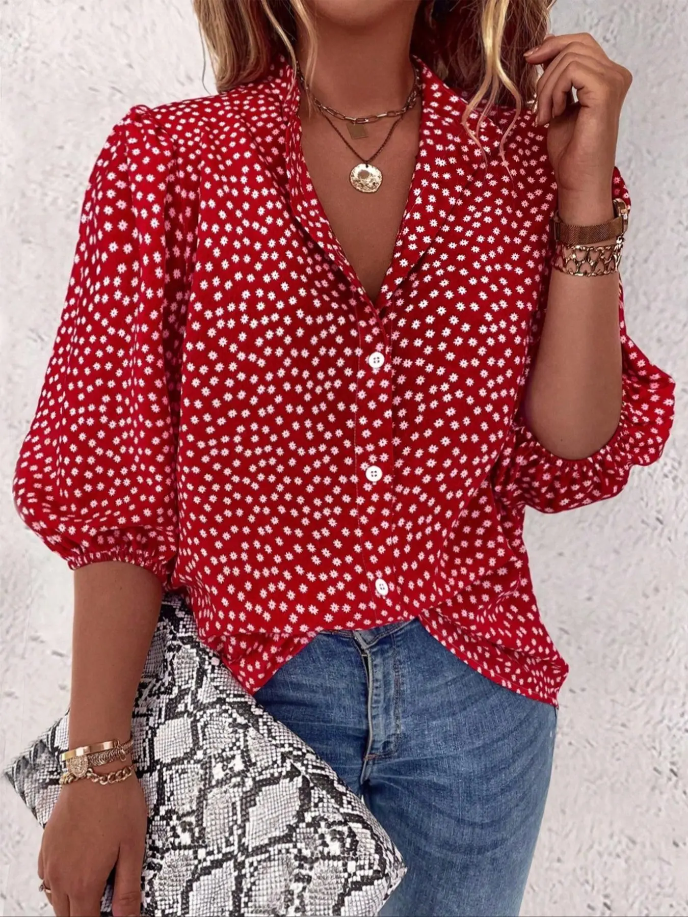Women's All Over Floral Print Mock Neck Blouse, Casual Bishop Sleeve Top for Summer, Women's Clothing for Daily Wear
