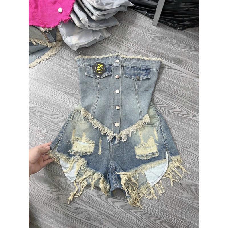 Set jean nữ áo quây vạt nhọn tua rua mix quần short rách gấu Top [CHĂMCHĂMM65]
