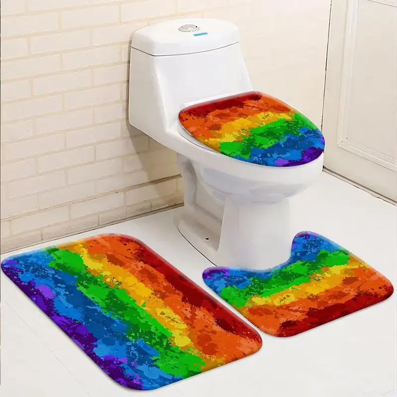 Rainbow Pattern Shower Curtain with 12 Hooks, 1 Count Colorful Bathroom Curtain and 1 Count U-shaped Mat & 1 Count Toilet Lid Cover, Bathroom Decor Supplies 2